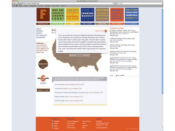 A screenshot of a Facebook page displays a newsfeed titled “WHAT A CSA.” The page includes sections for “About,” “Mission,” “Events,” “Get Involved,” “Farmers’ Lunch,” and “Newsletter.” A central map of the United States is overlaid with a white box containing text. A “Sign Up/Join” button is visible, along with links for “Connect on Facebook,” “Resources,” and “Contact.” The page also shows a “Start Hosting Your Own Foodstock Event” button.