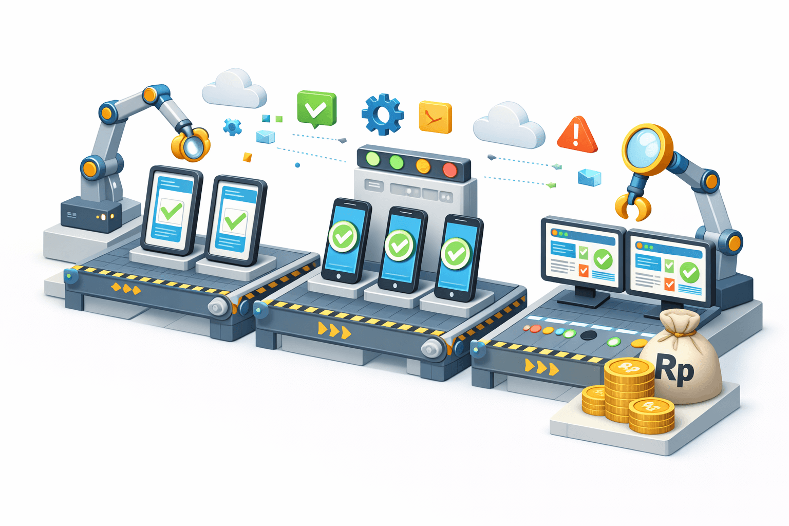 Ilustrasi AI‑driven automated validation pipeline & financial value realization. Beberapa smartphone bergerak di atas conveyor belt otomatis, masing‑masing menampilkan tanda centang hijau sebagai status validasi. Lengan robot di kiri dan kanan melakukan inspeksi dan persetujuan, terhubung dengan cloud, ikon roda gigi (otomasi), checklist, dan ikon peringatan untuk pengecualian.  Di ujung kanan, dashboard monitor menampilkan hasil akhir dengan status approved, berdampingan dengan kantong uang bertanda Rp dan koin yang merepresentasikan nilai finansial yang terealisasi. Alur panah menunjukkan proses end‑to‑end: input multi‑channel → validasi otomatis → approval → konversi menjadi nilai bisnis, aman, cepat, dan scalable.