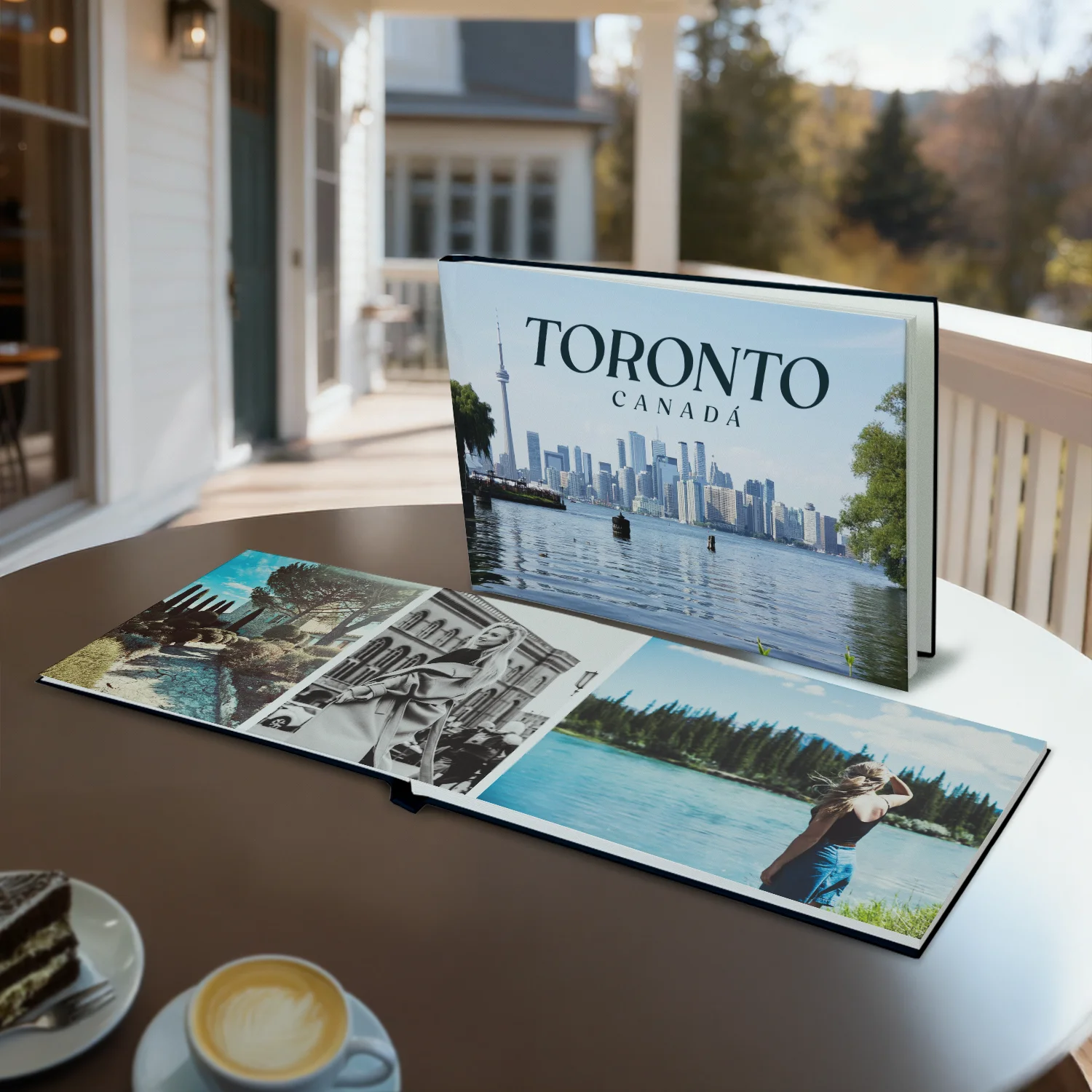 Pessoa segurando fotolivro com foto de mulher sorrindo ao ar livre, com a frase “Eu amo o Norte” escrita no canto da imagem