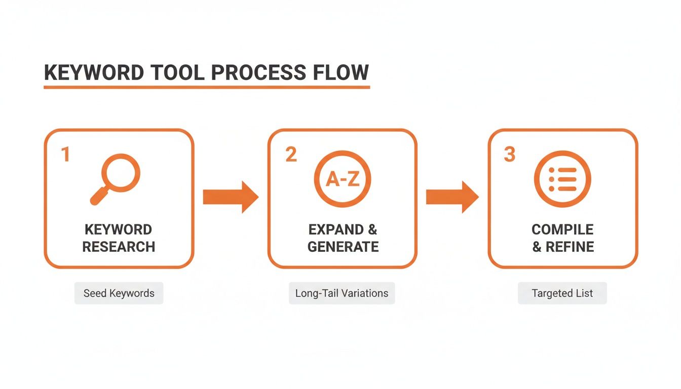 A three-step keyword tool process flow: research, expand and generate, then compile and refine.