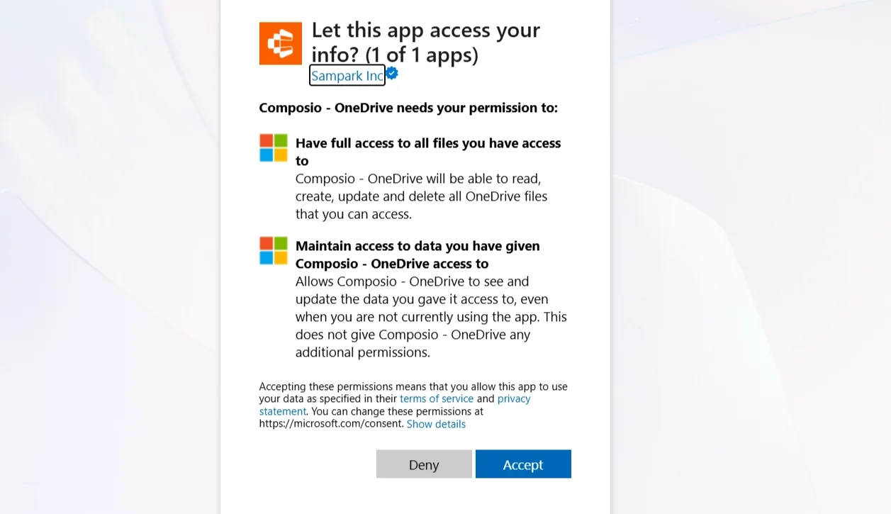 Microsoft permission request for Composio OneDrive