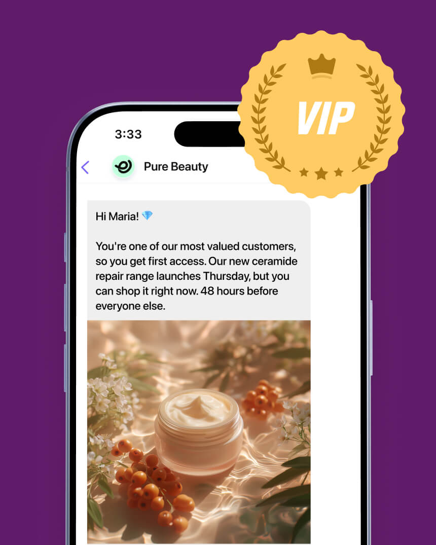 Viber messaging campaign showcasing a personalized message, targeting VIP members from a health and beauty e-commerce store.