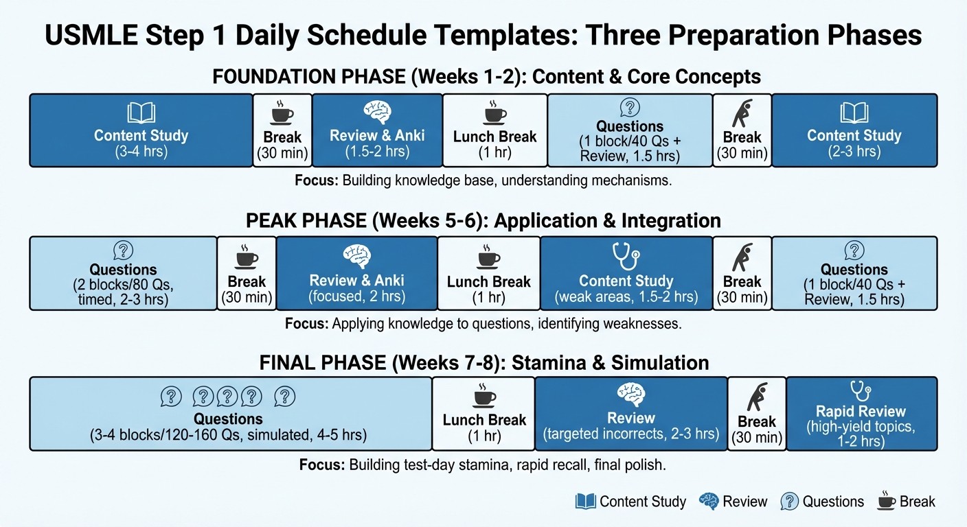 USMLE Step 1 daily schedule templates for different preparation phases