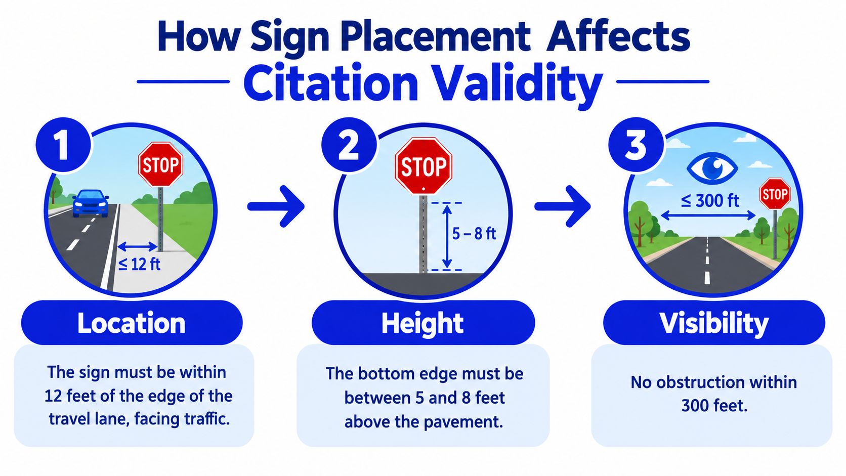 An infographic illustrating three key requirements for valid stop sign placement including location, height, and visibility.