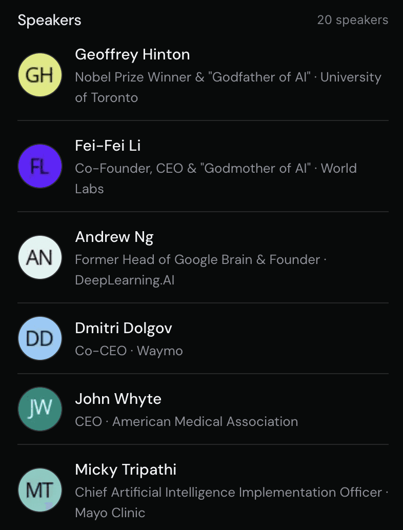 Event speaker list with names, roles, and organizations