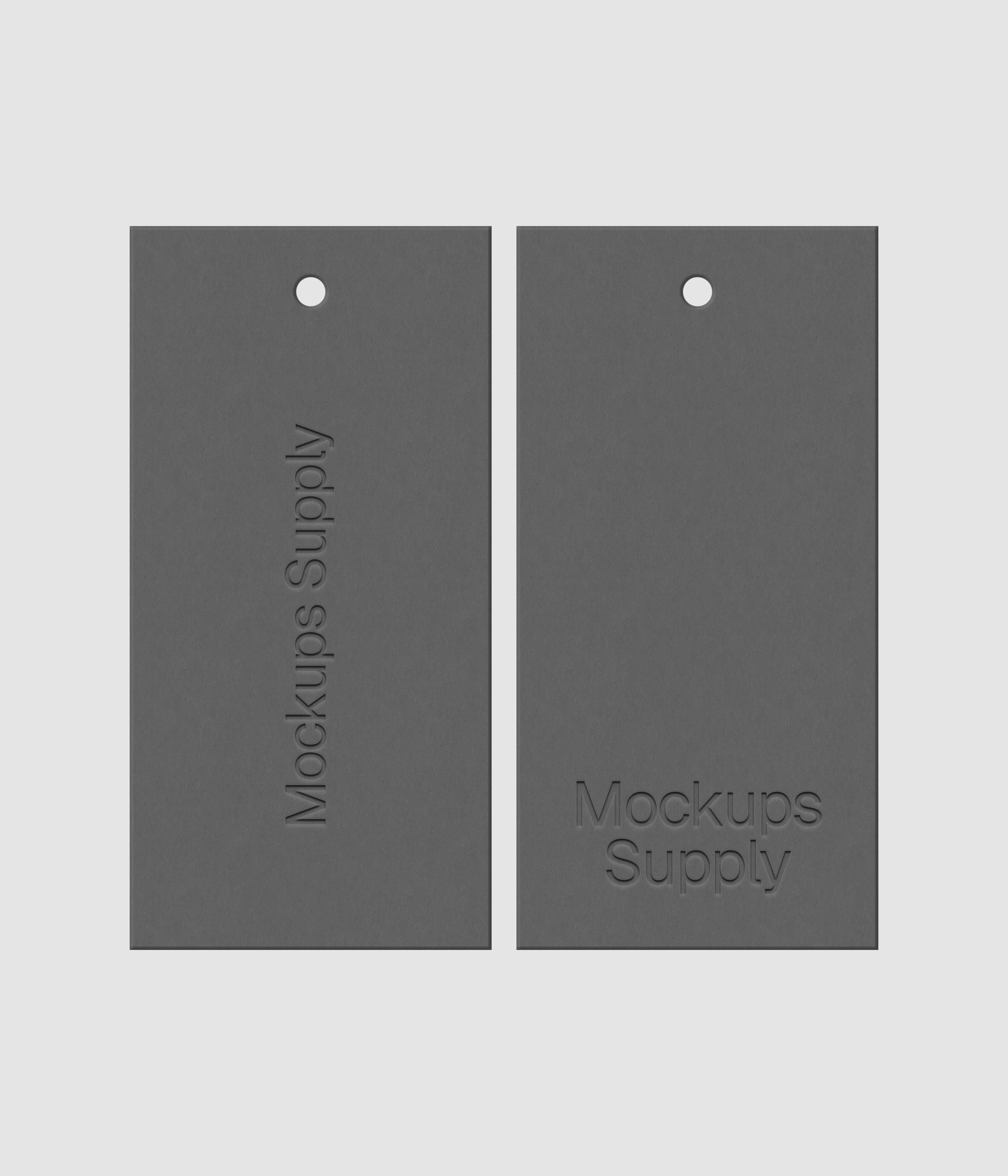 Gray hang tag mockup with realistic debossed logo effect on white background for Photoshop download psd