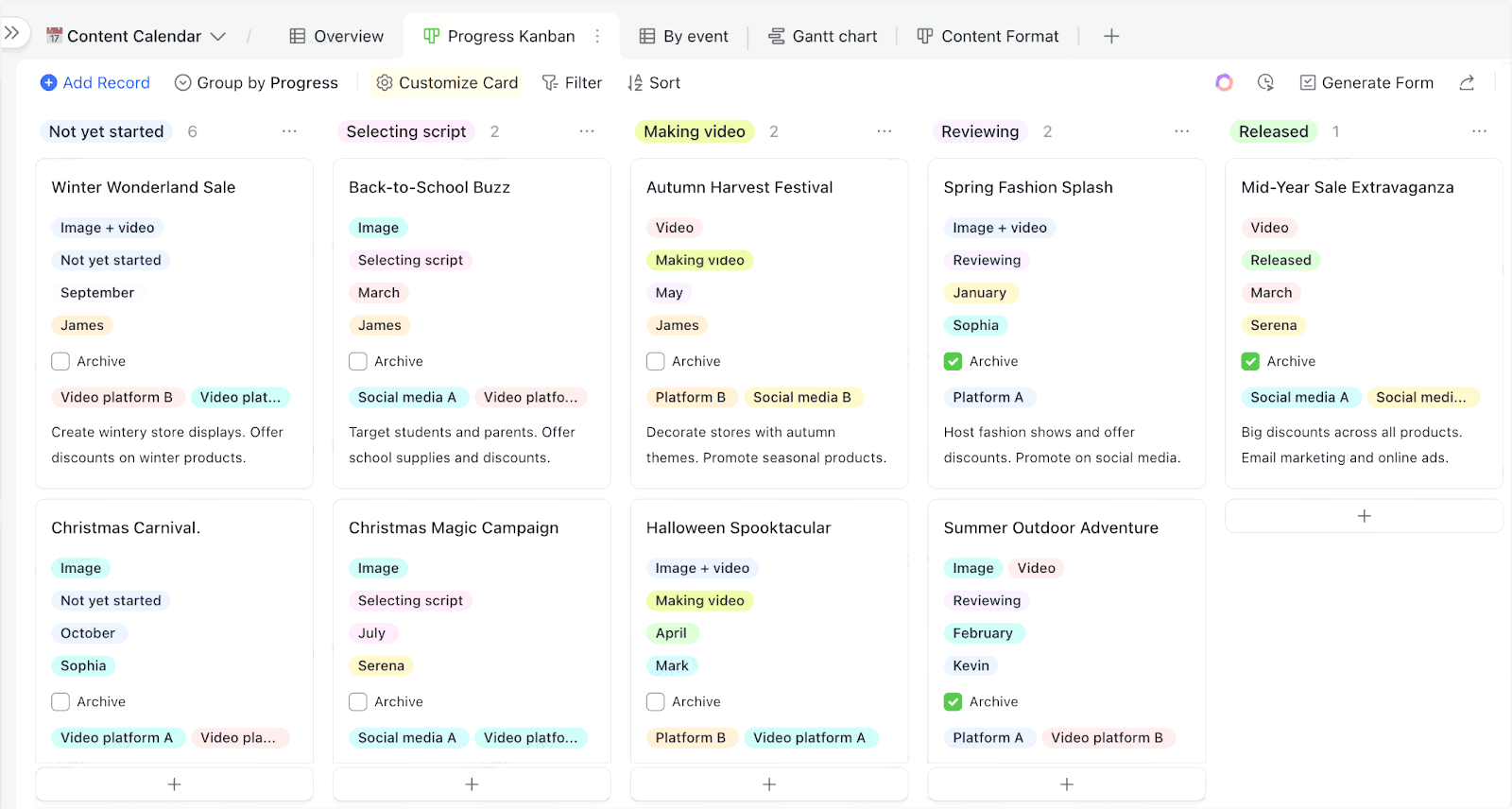 Lark Base's content calendar template