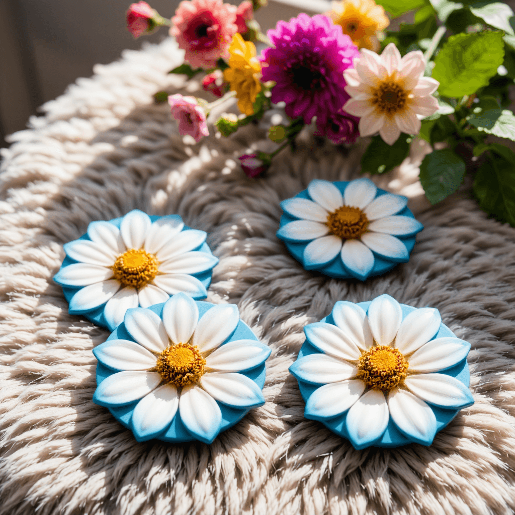 product photography of set of decorative coasters resembling flowers, used for protecting surfaces from drinks