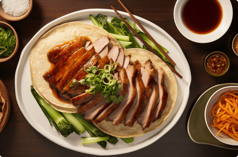 An overhead shot of a large oval plate featuring sliced, roasted duck, half glazed with a sauce, served over two thin pancakes and alongside steamed bok choy, surrounded by small bowls of condiments like scallions, sauce, salt, and carrot shreds.