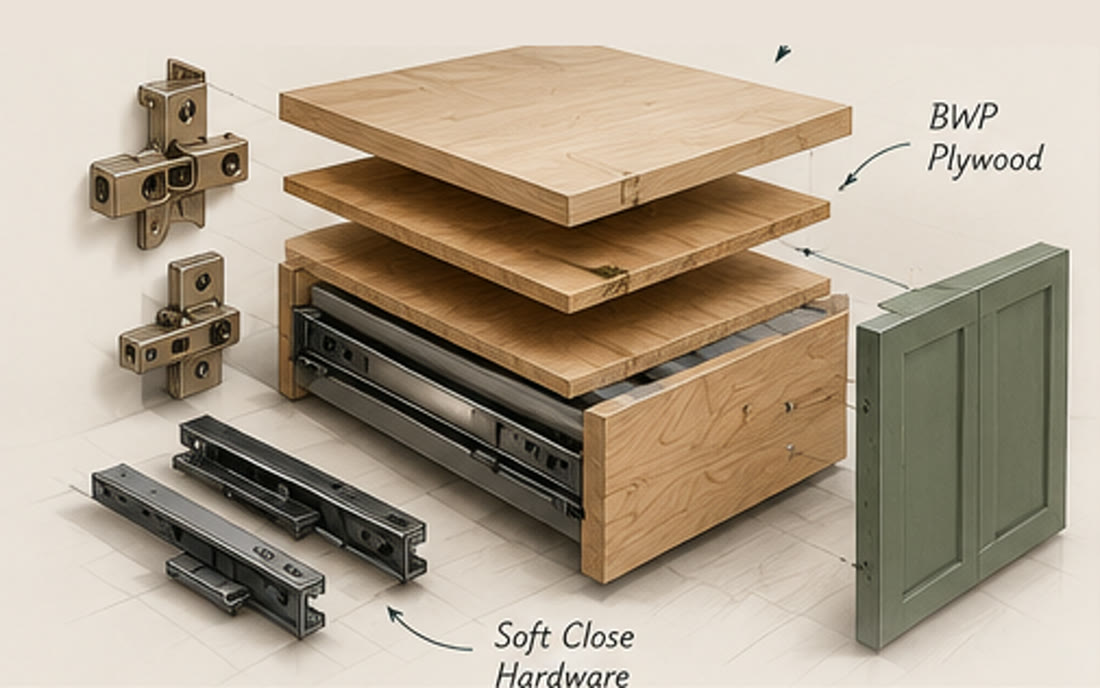 Exploded view of a drawer unit showing plywood, runners and hinges