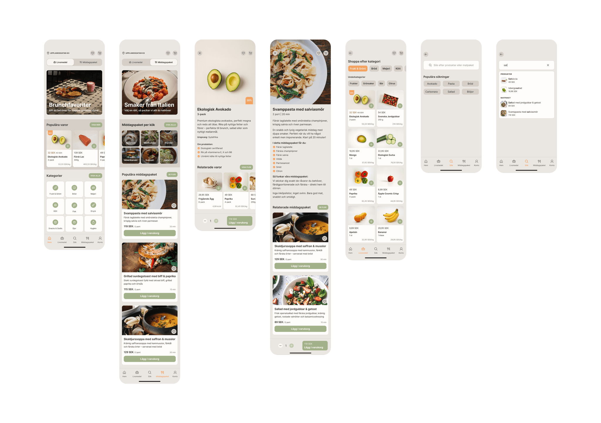 Series of mobile screens from the Crave Club grocery app showing the full user flow from browsing meals to viewing products, adding items, and searching