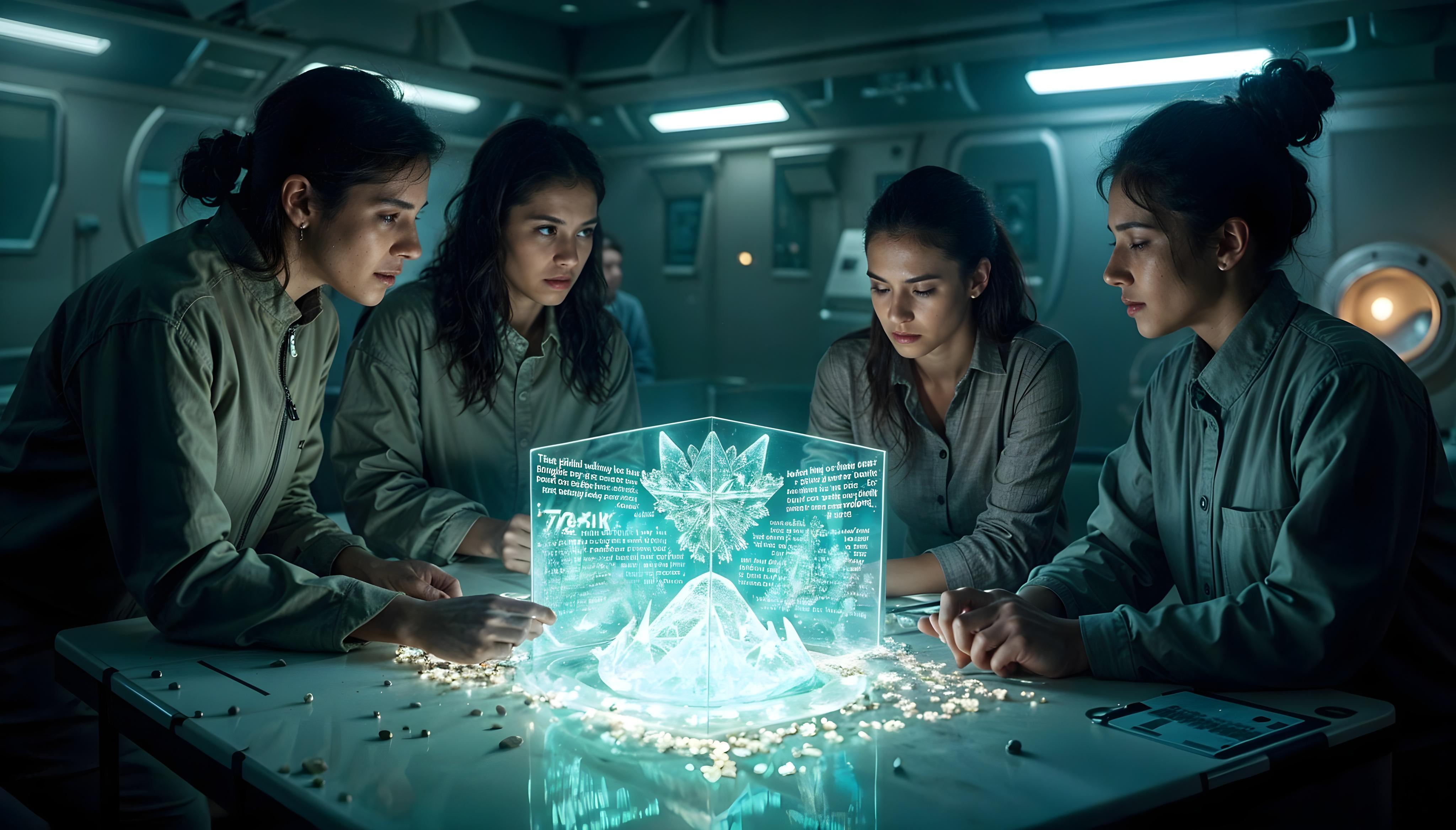 Inside the human vessel, the crew examines the Eternity Crystal with high-tech equipment.