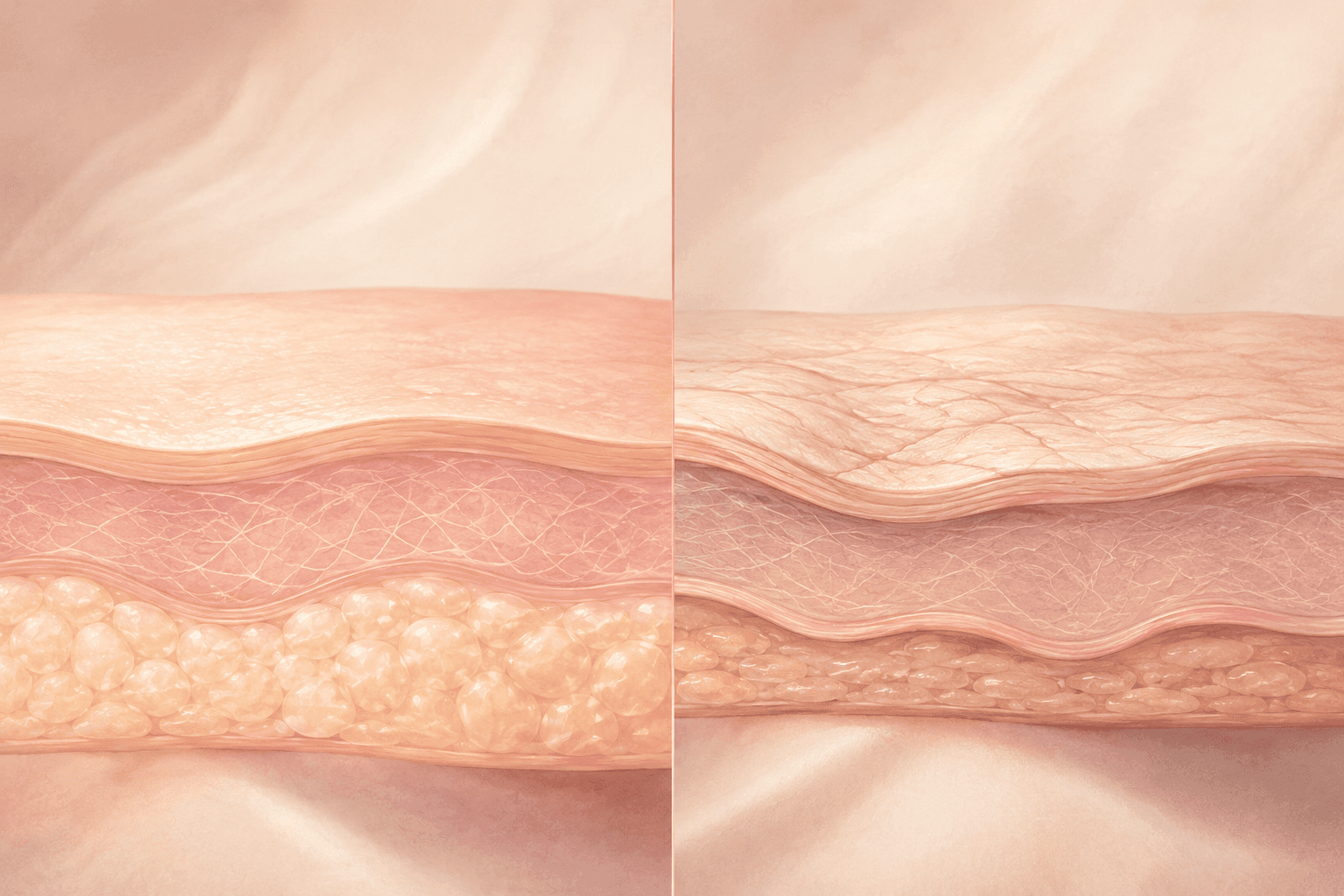 An illustration showing how skin looks crepey once the fat cushion beneath it recedes.