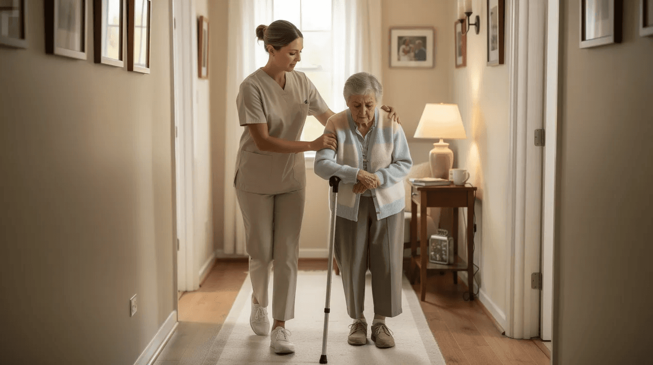 An elderly woman is being assisted by a home health aide as they walk down a hallway in a residential home, highlighting the importance of long-term care services for those who require support as their health declines. This scene emphasizes the need for financial security and proper insurance coverage to manage long-term care costs effectively.