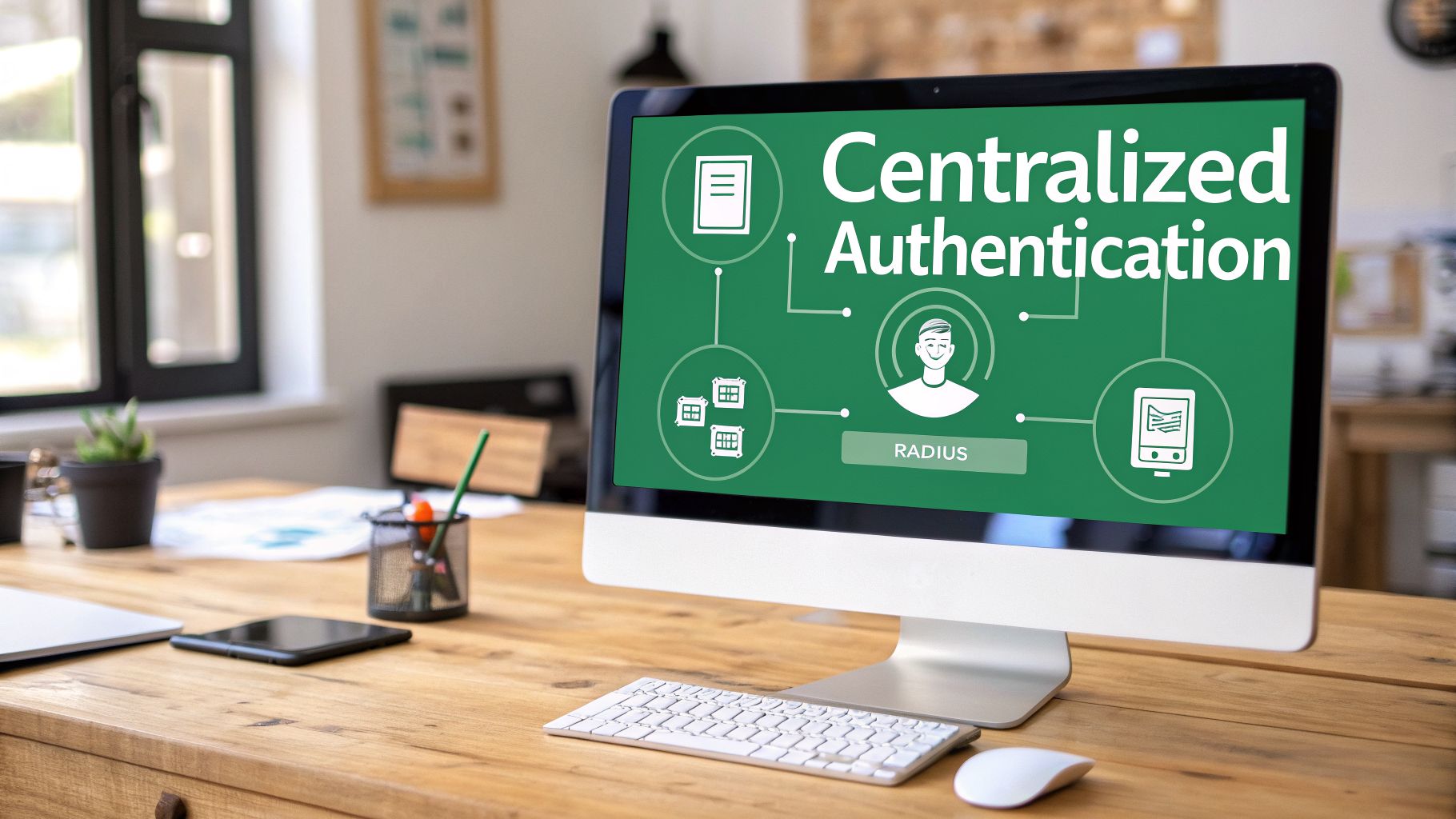A computer monitor displays 'Centralized Authentication' with RADIUS system diagram on a desk.