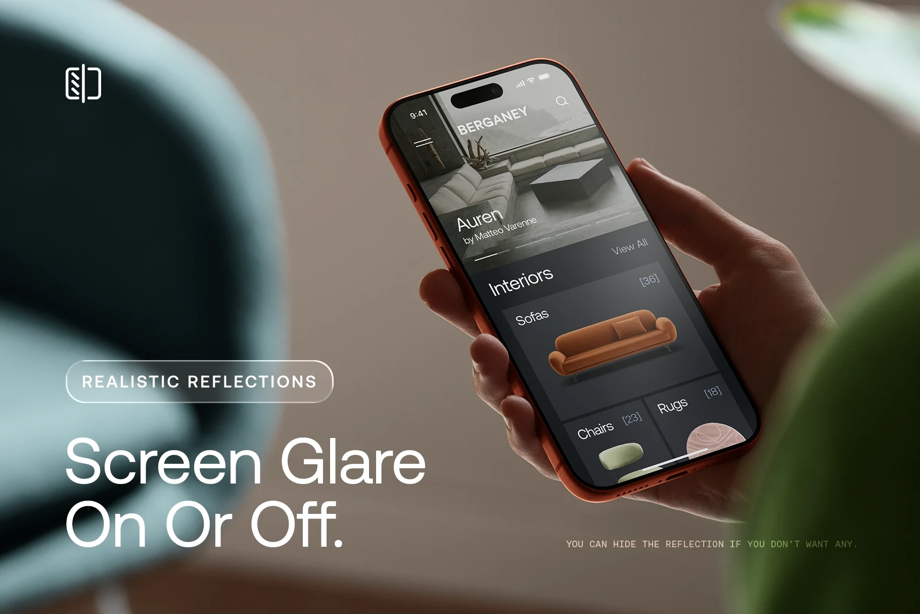 Demonstration of customizable screen glare and reflections toggled on the iPhone 17 Pro in-hand mockup.