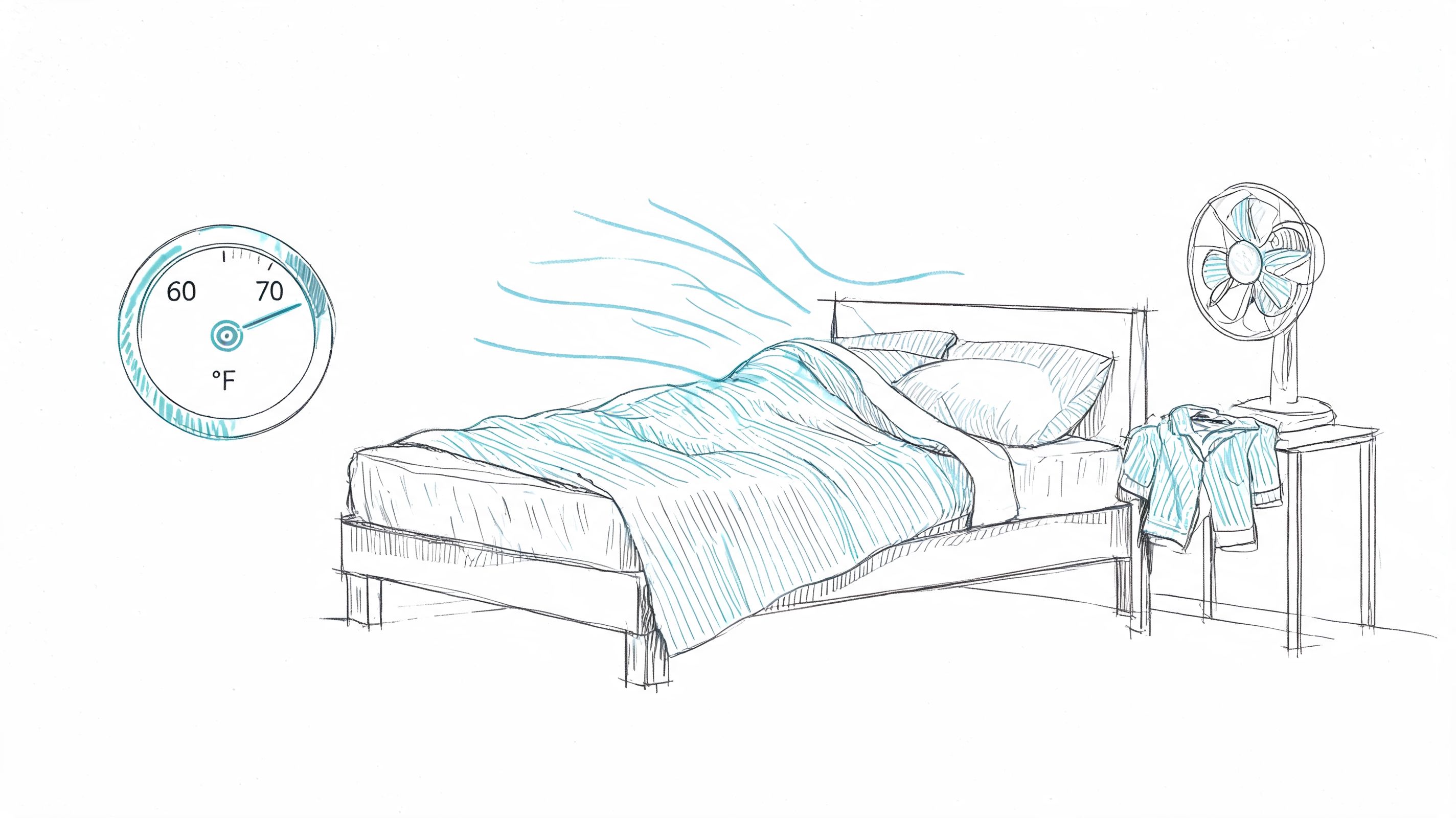 A hand-drawn illustration depicting a bedroom with a bed, fan, and temperature gauge for night sweats.