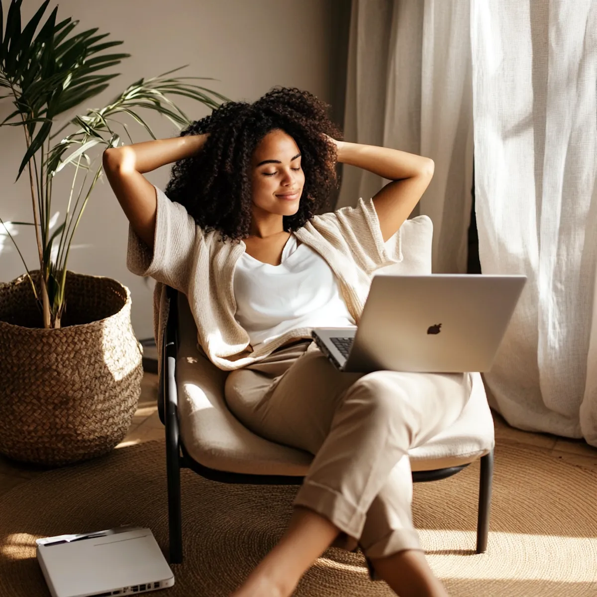 Relaxed woman looking property rental returns