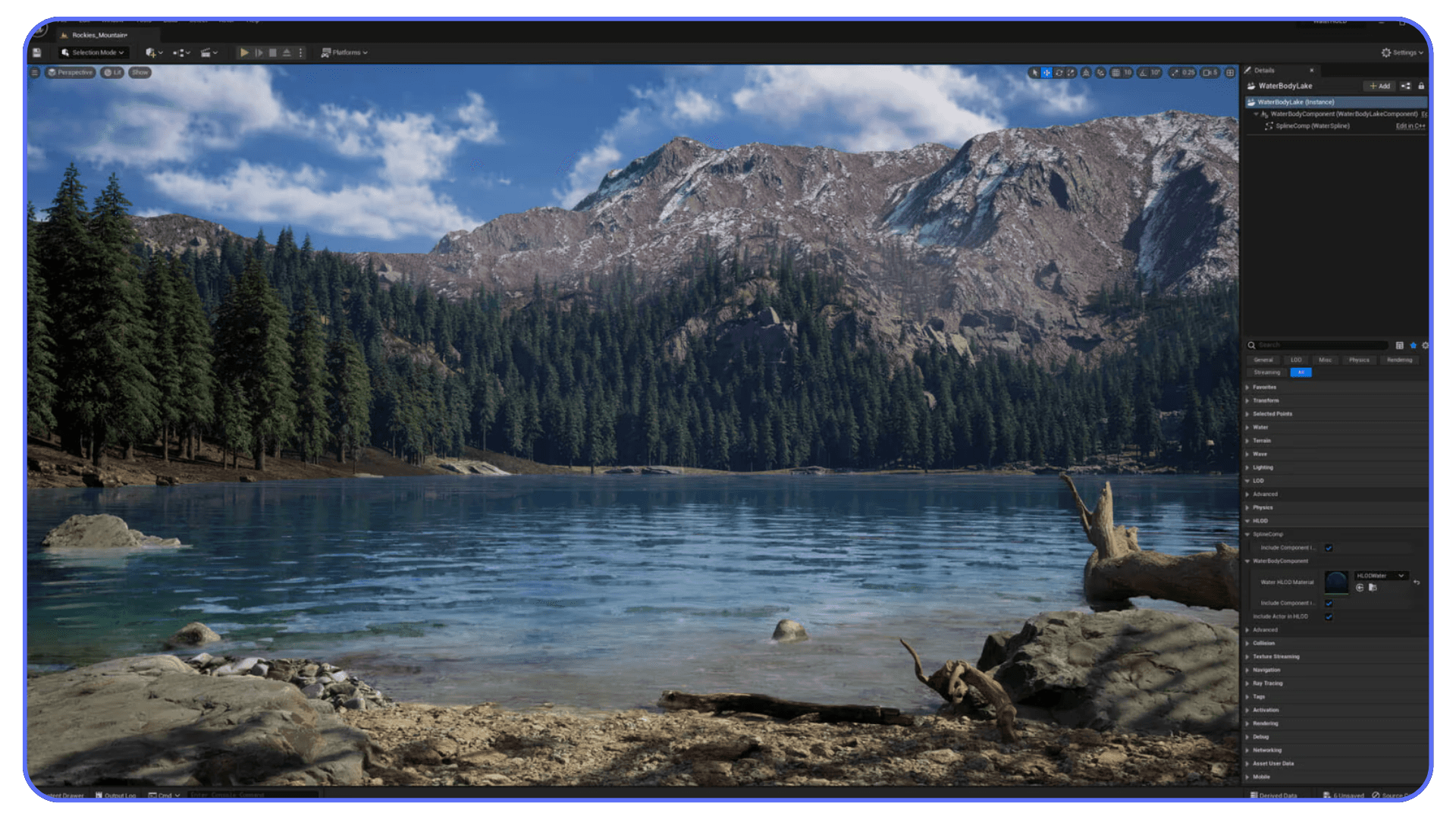 Unreal Engine editor viewport showing a realistic mountain lake environment