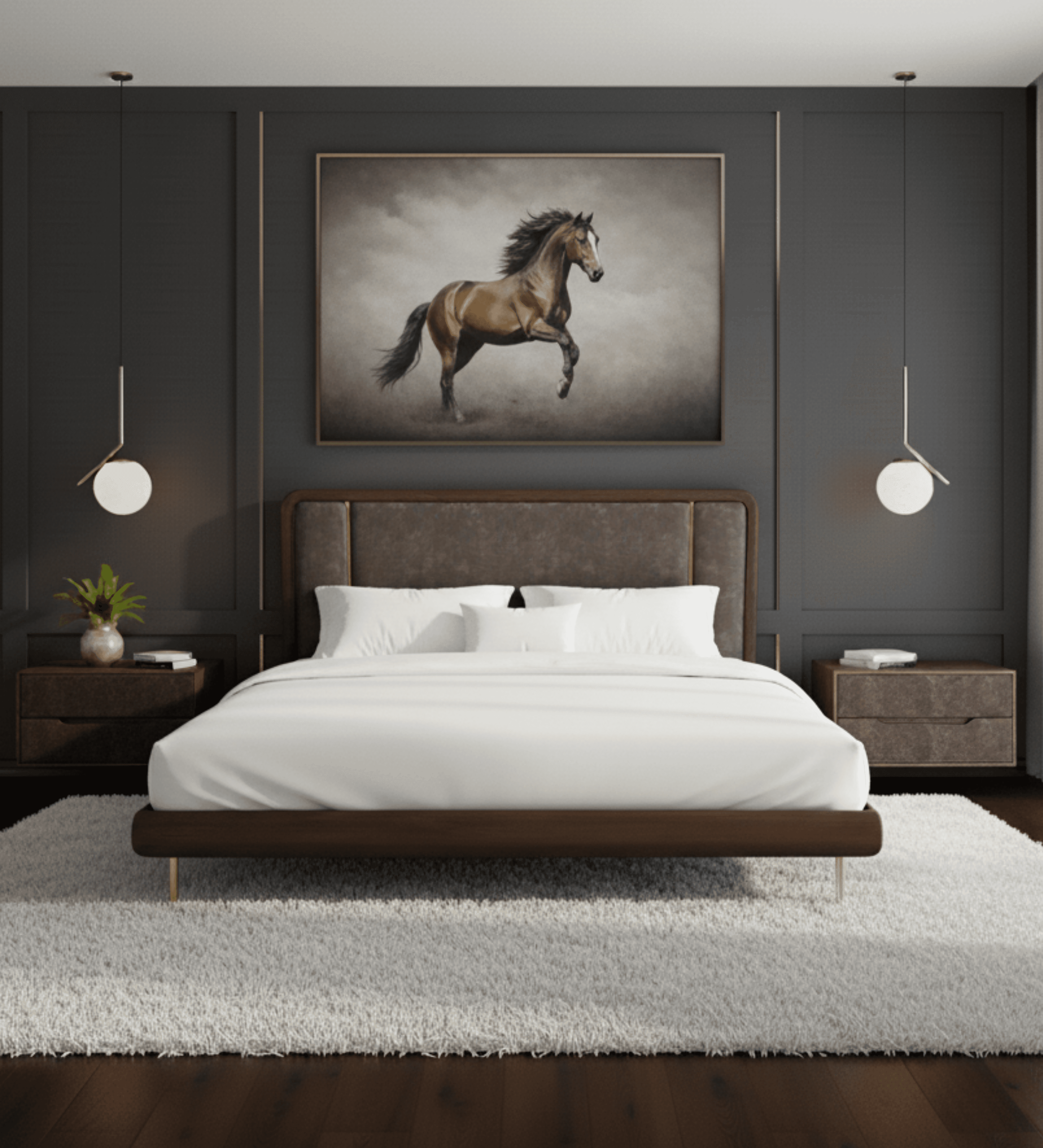 Dark fabric bed with wood frame and gold detailing.