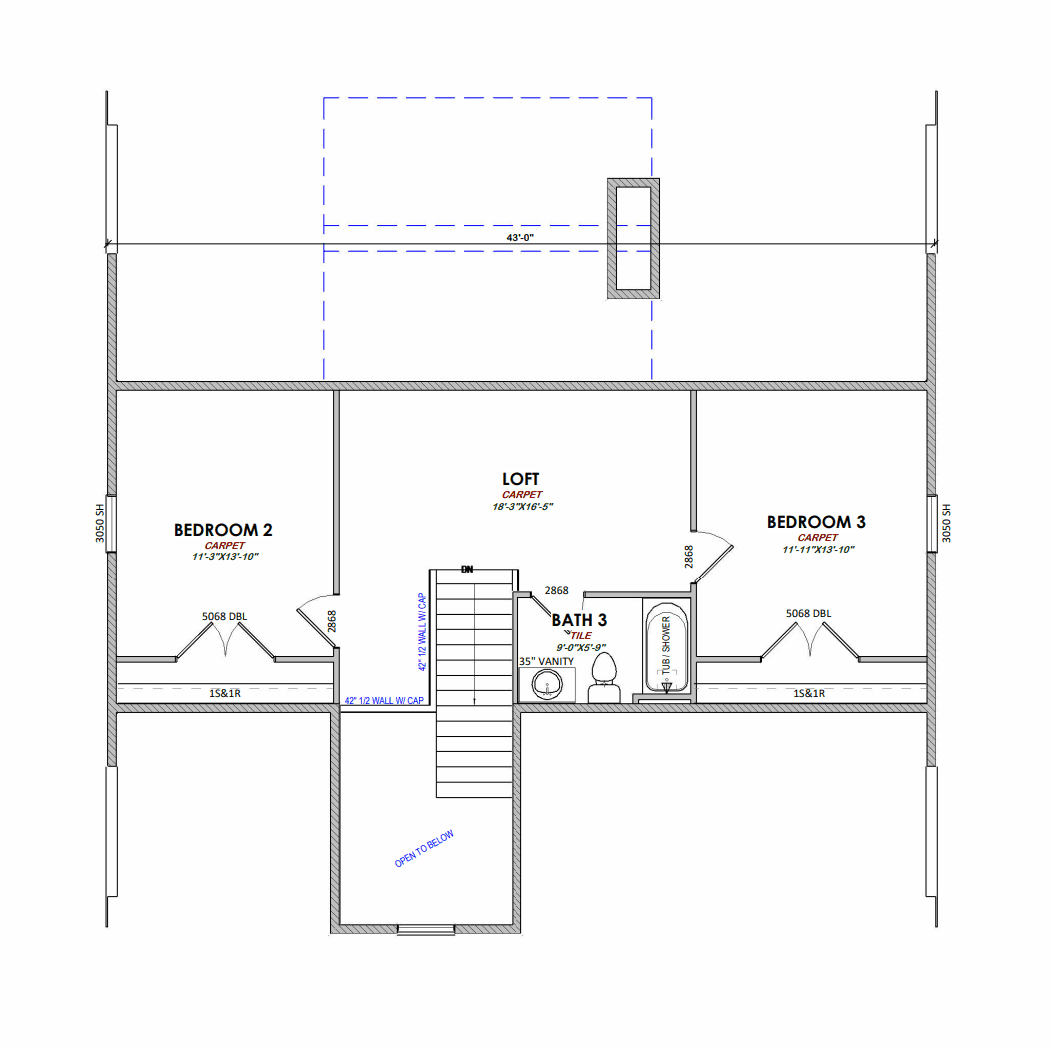 3 bed, 3 bath custom home floorplan