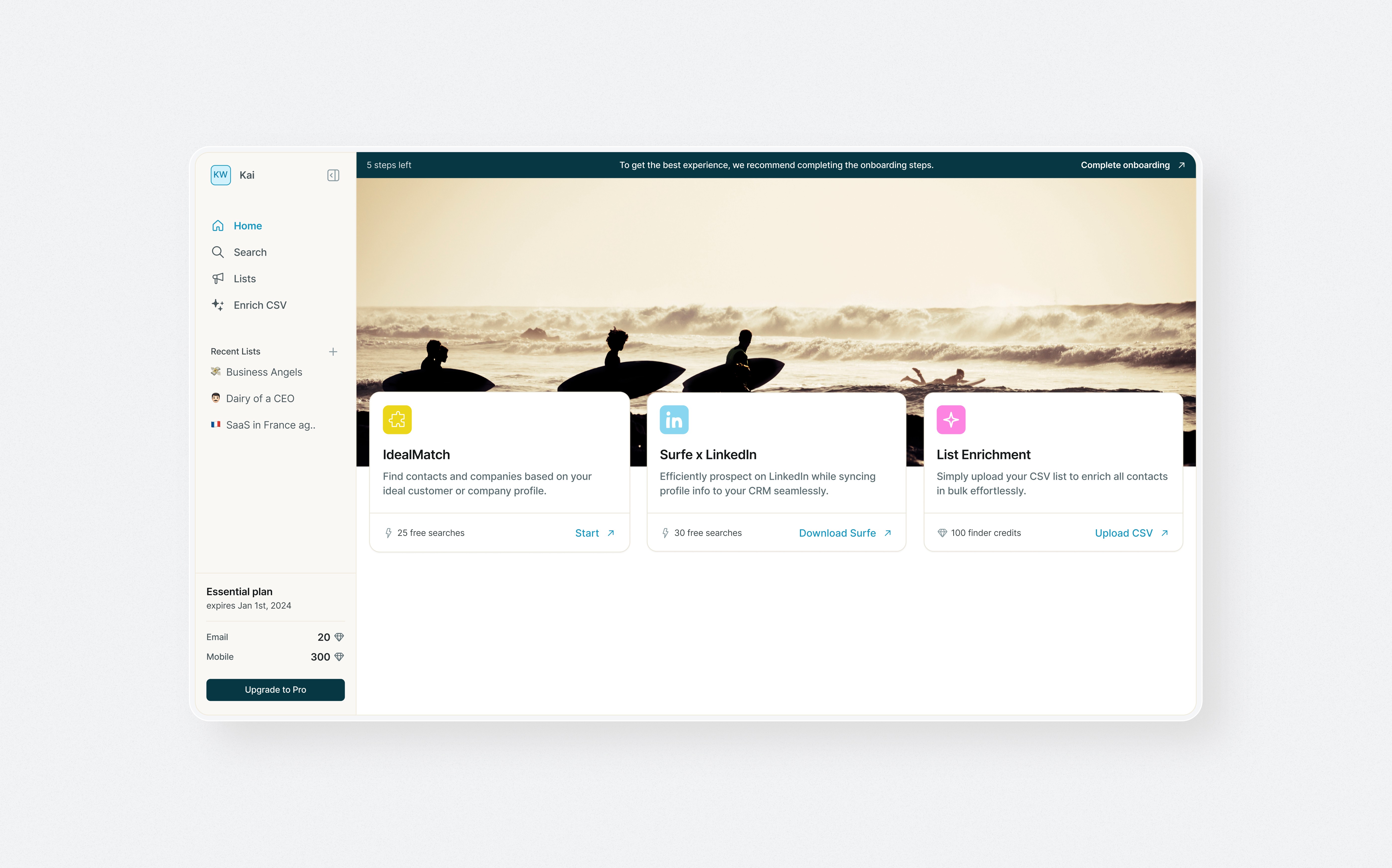 Surfe App Dashboard