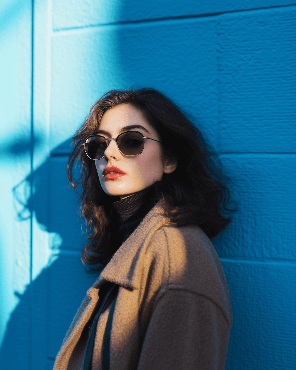 Woman in sunglasses and a brown coat stands against a vibrant blue wall. Sunlight casts a dramatic shadow, creating a confident, stylish atmosphere.