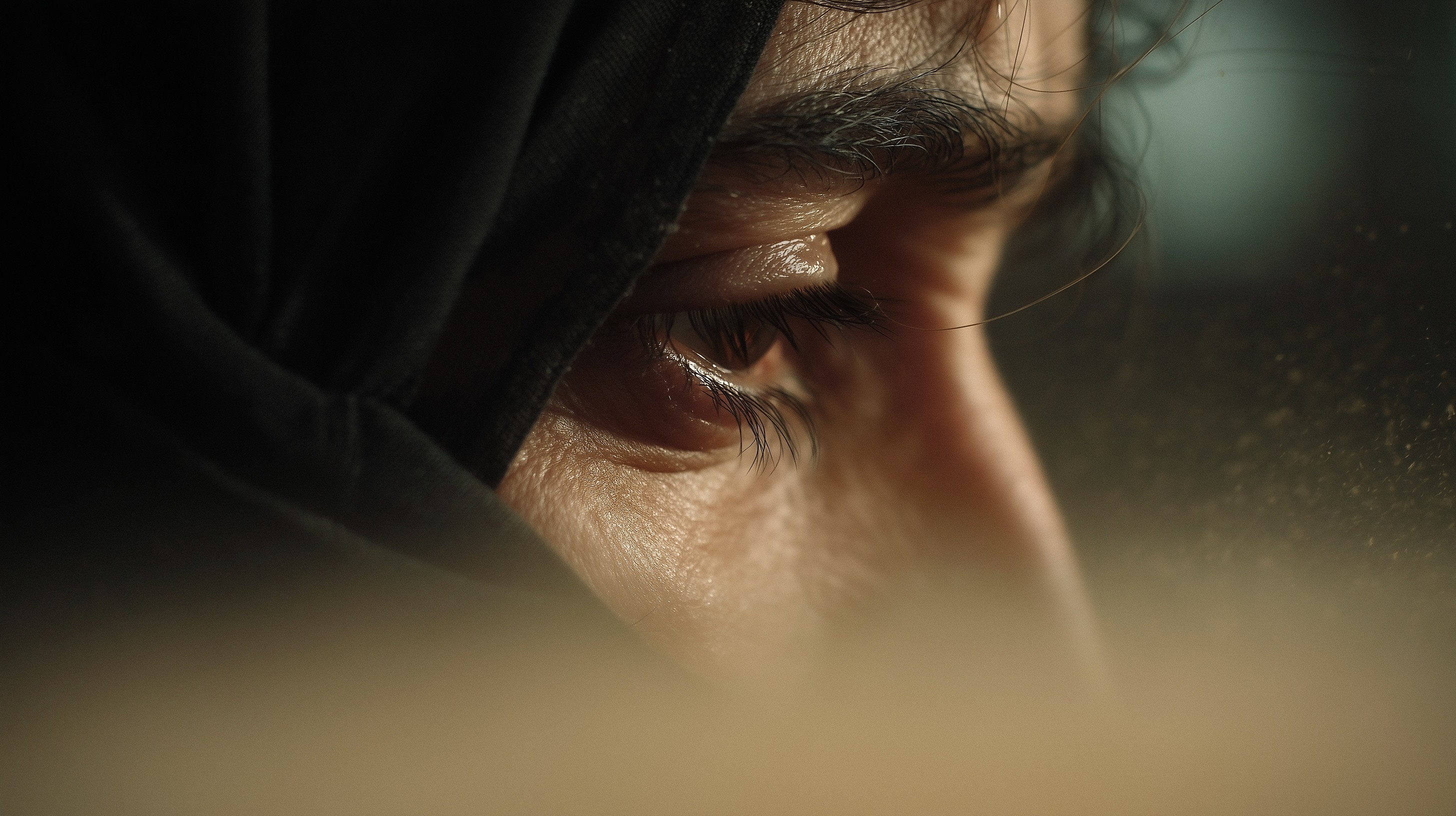 AI-generated cinematic close-up of a person's eye, with detailed skin texture and soft dramatic lighting creating an intimate, emotional film-style moment.