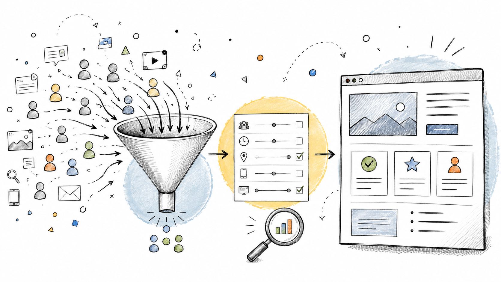 A hand-drawn illustration depicting a marketing funnel filtering data into analytics reports and a website layout.