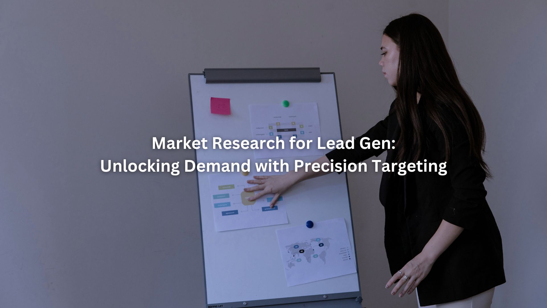 Woman presenting market research findings on a flip chart with diagrams and a world map.