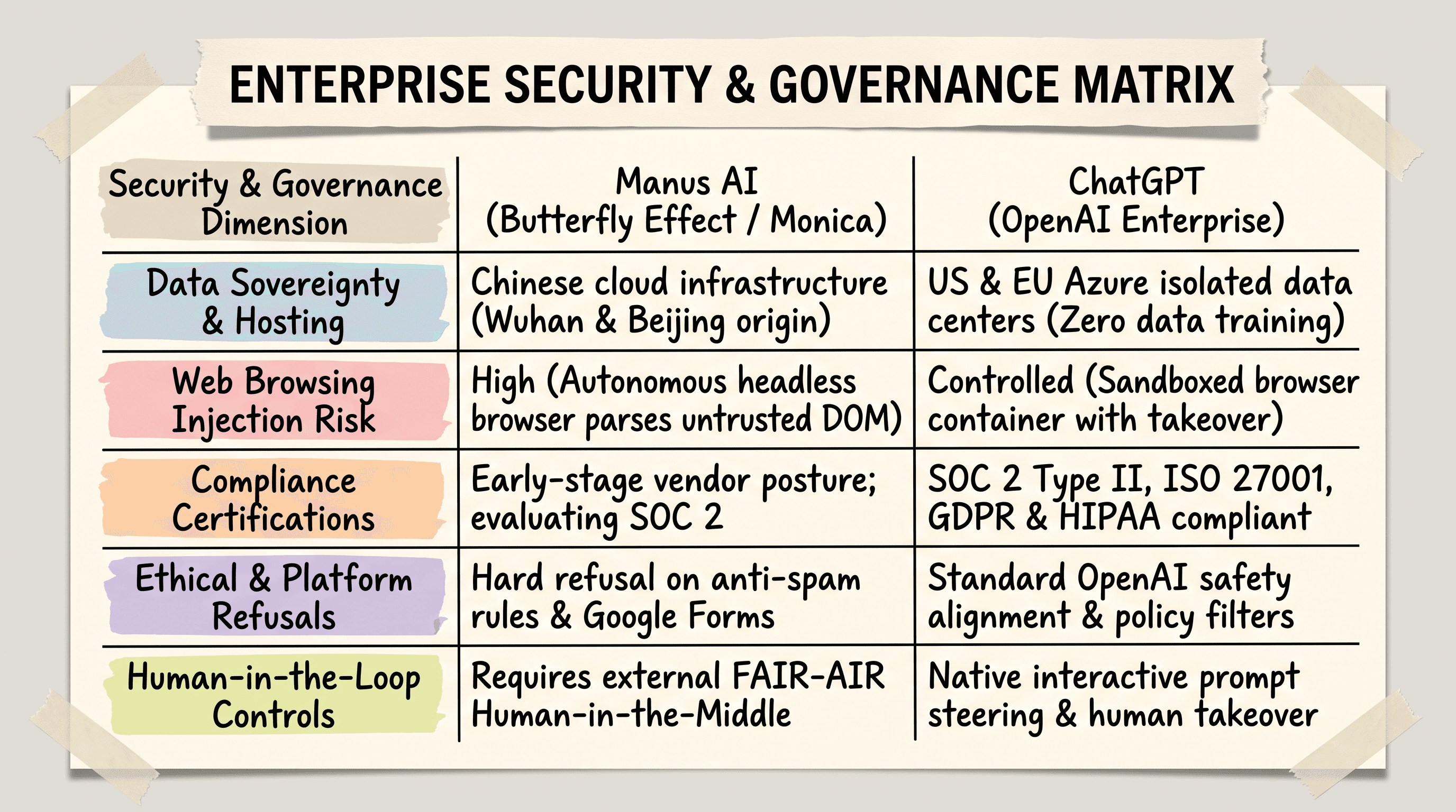 Enterprise security and data privacy matrix comparing Manus AI and ChatGPT cloud hosting compliance and risk controls