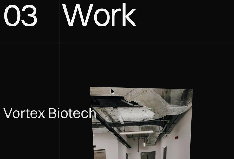 Version two Work section numbered 03 showing Vortex Biotech as a full-bleed case study entry.