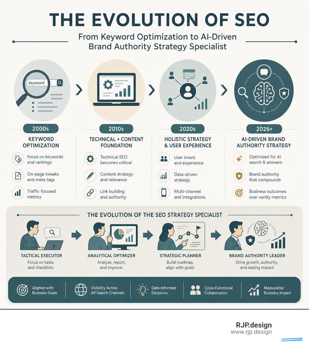 Evolution of SEO from keyword optimization to AI-driven brand authority strategy specialist roles infographic