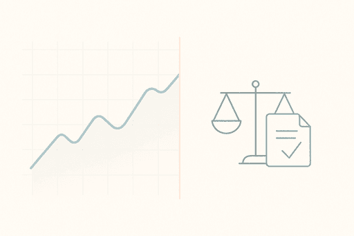 Illustration of a rising economic chart beside justice scales and a compliant legal document