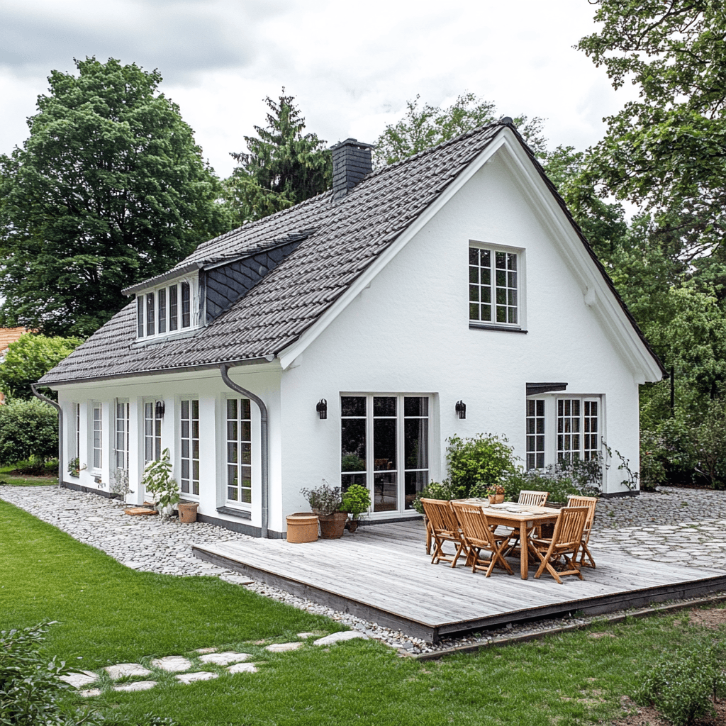 Haus mit frisch gestrichener weißer Fassade und großem Außenbereich