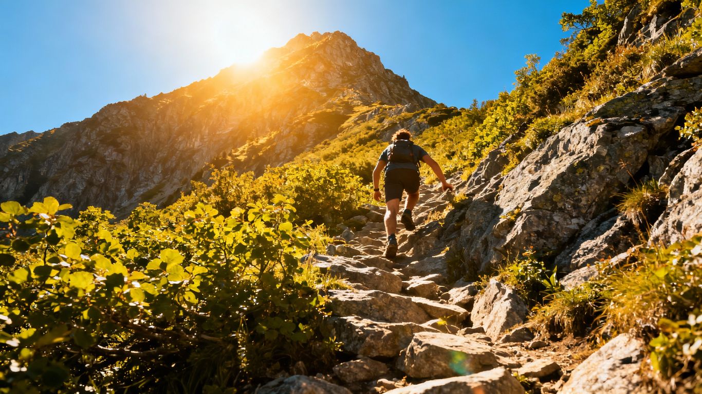 Climber ascending a mountain towards a sunny summit.