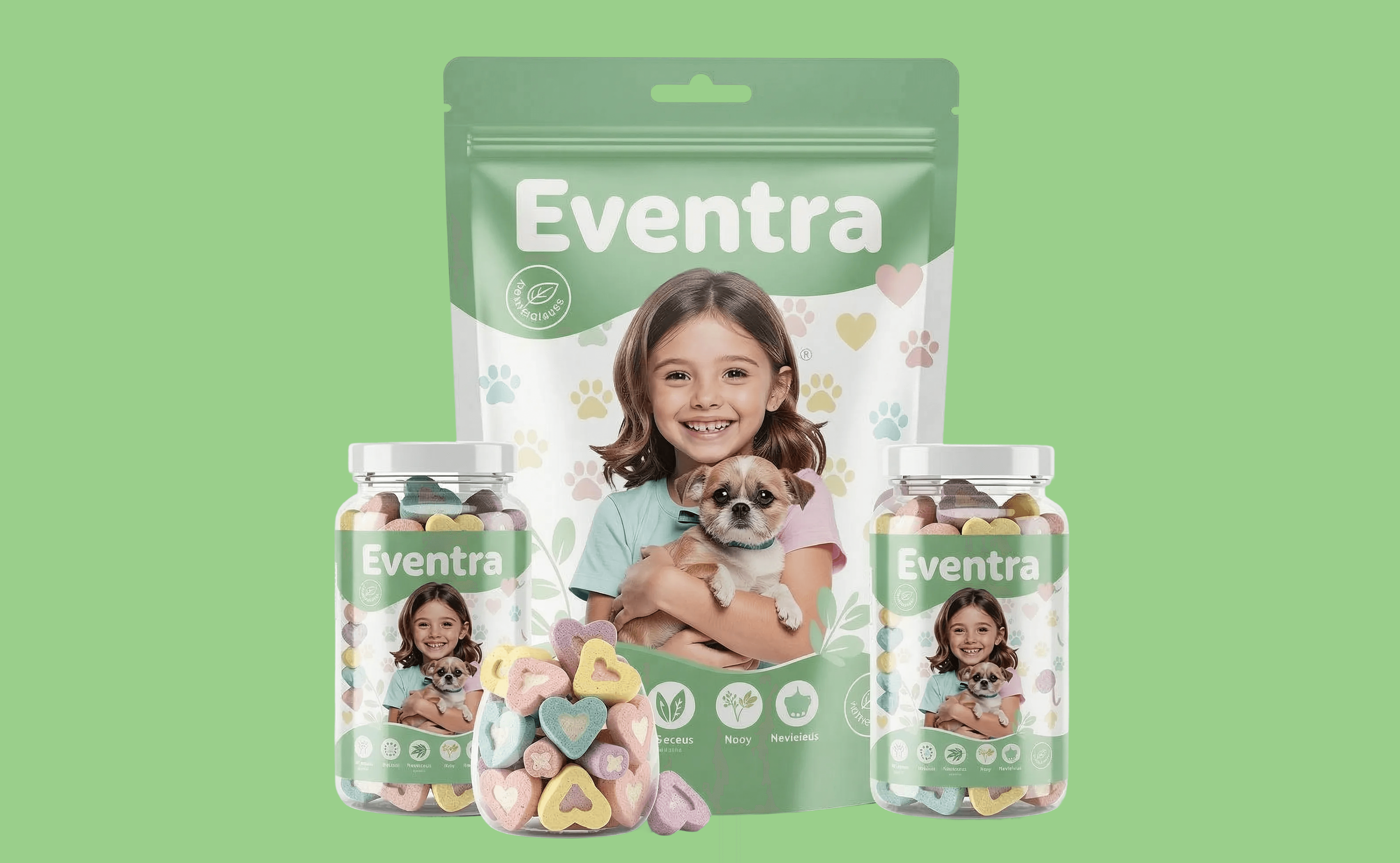 Eventra brand gummy vitamins packaging featuring a smiling girl holding a small puppy on a green background.
