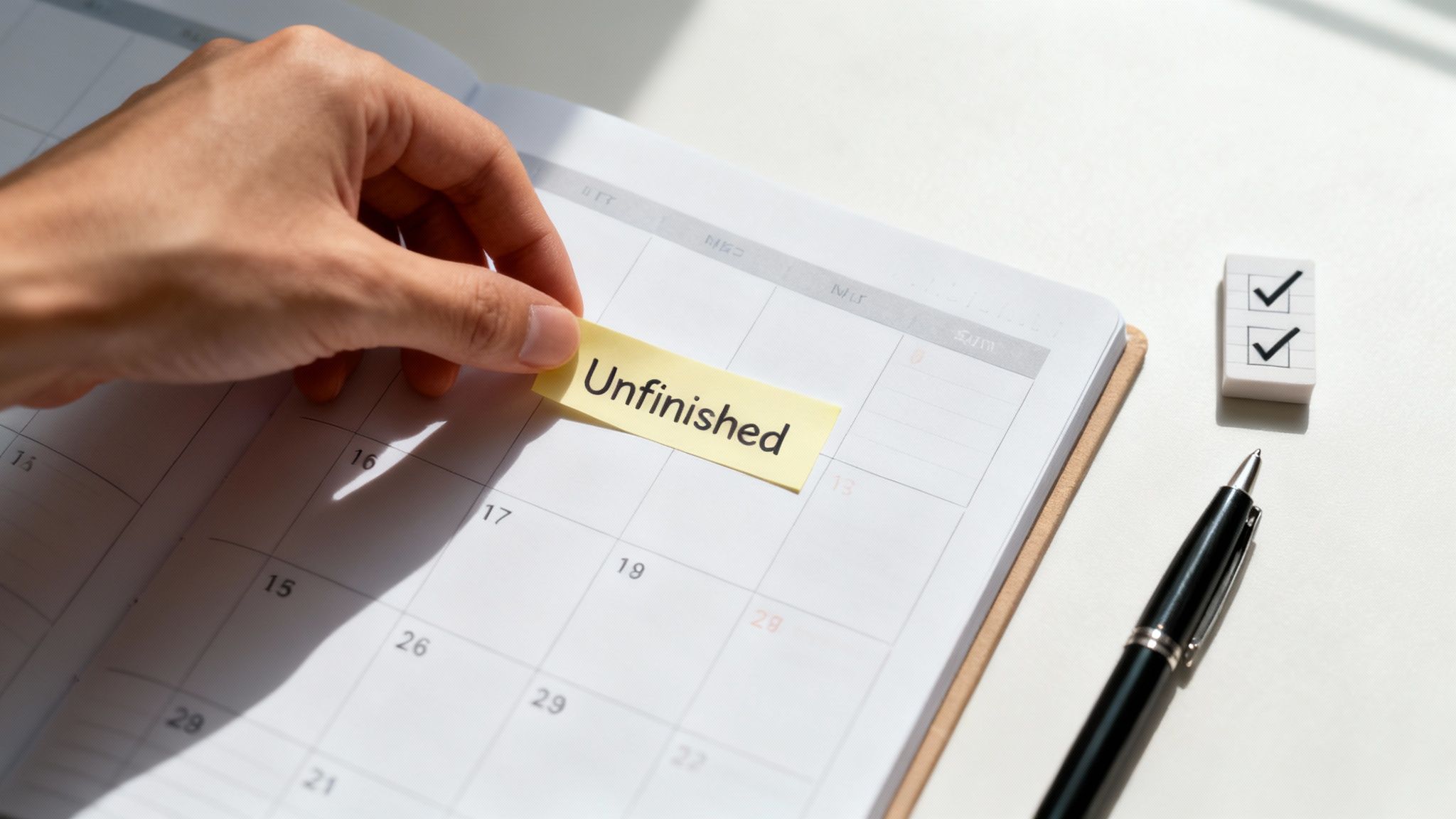 Hand placing yellow unfinished sticky note on calendar with pen and checkboxes nearby