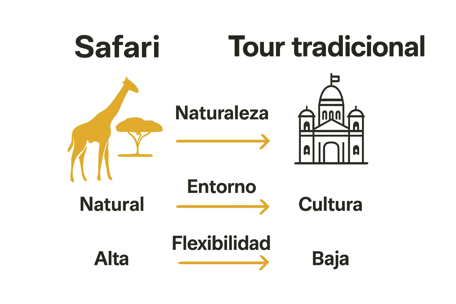 Infografía comparativa de safari y tour tradicional con iconos y diferencias clave.