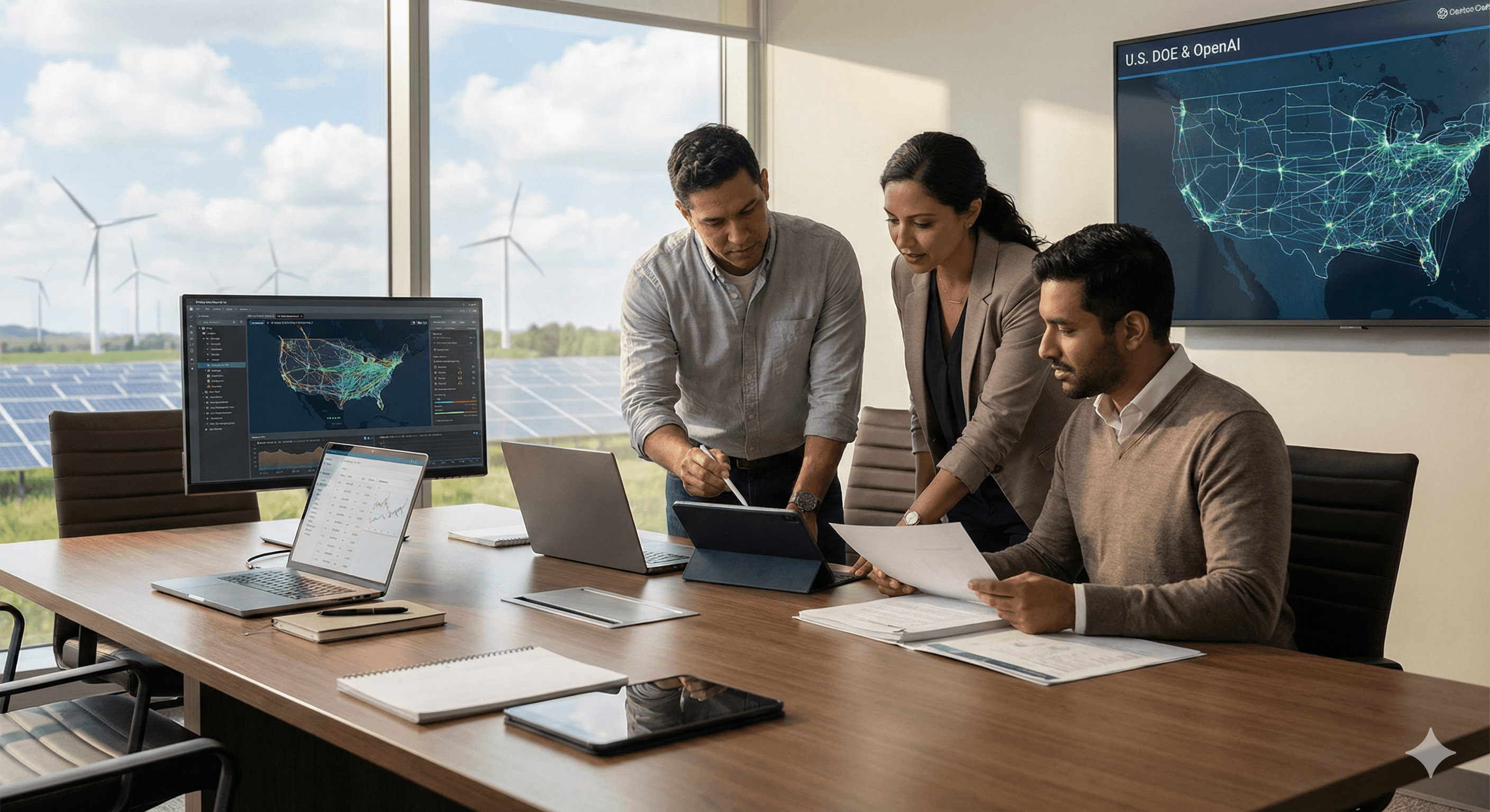 A group of professionals collaborates in a modern office with large windows overlooking wind turbines and solar panels, using multiple screens displaying data, including a map labeled "U.S. DOE OpenAI."