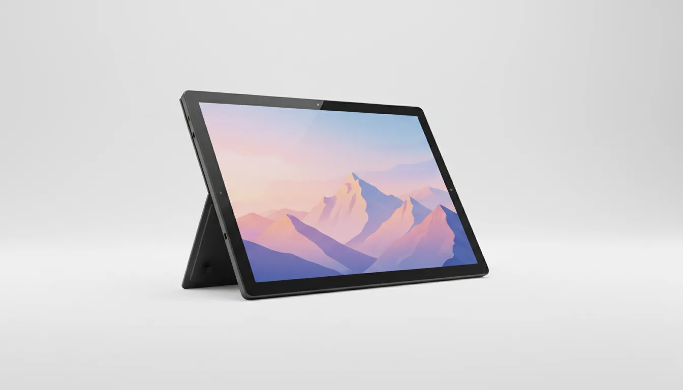 DSLR product photography of a matte black Microsoft Surface Pro tablet, angled in a three-quarters view on a seamless white background, propped up by its integrated kickstand. The screen is on, displaying a vibrant wallpaper of a stylized mountain range with pastel sunset colors. Soft studio lighting creates a clean, commercial look with sharp focus on the product's metallic texture.