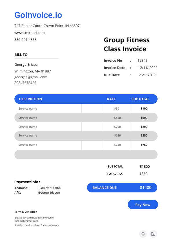 Group Fitness Class Invoice