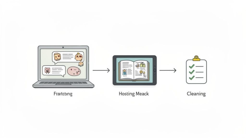Process diagram showing digital content creation, hosting on a tablet, and final cleaning steps.