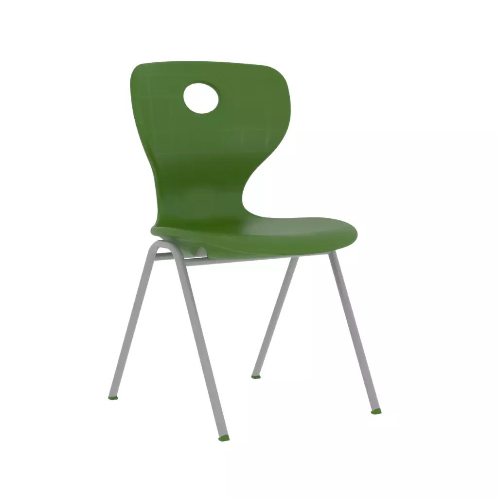Green plastic school chair angle view with metal frame