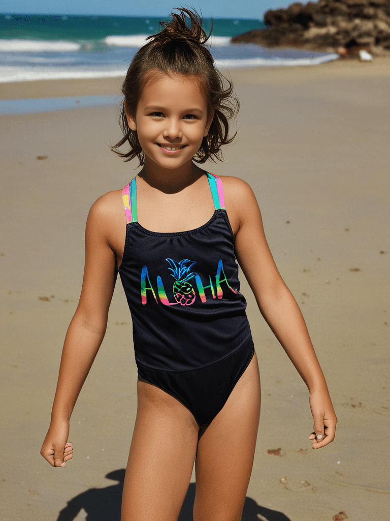 Ai generated little girl wearing a one-piece swimsuit, on the beach