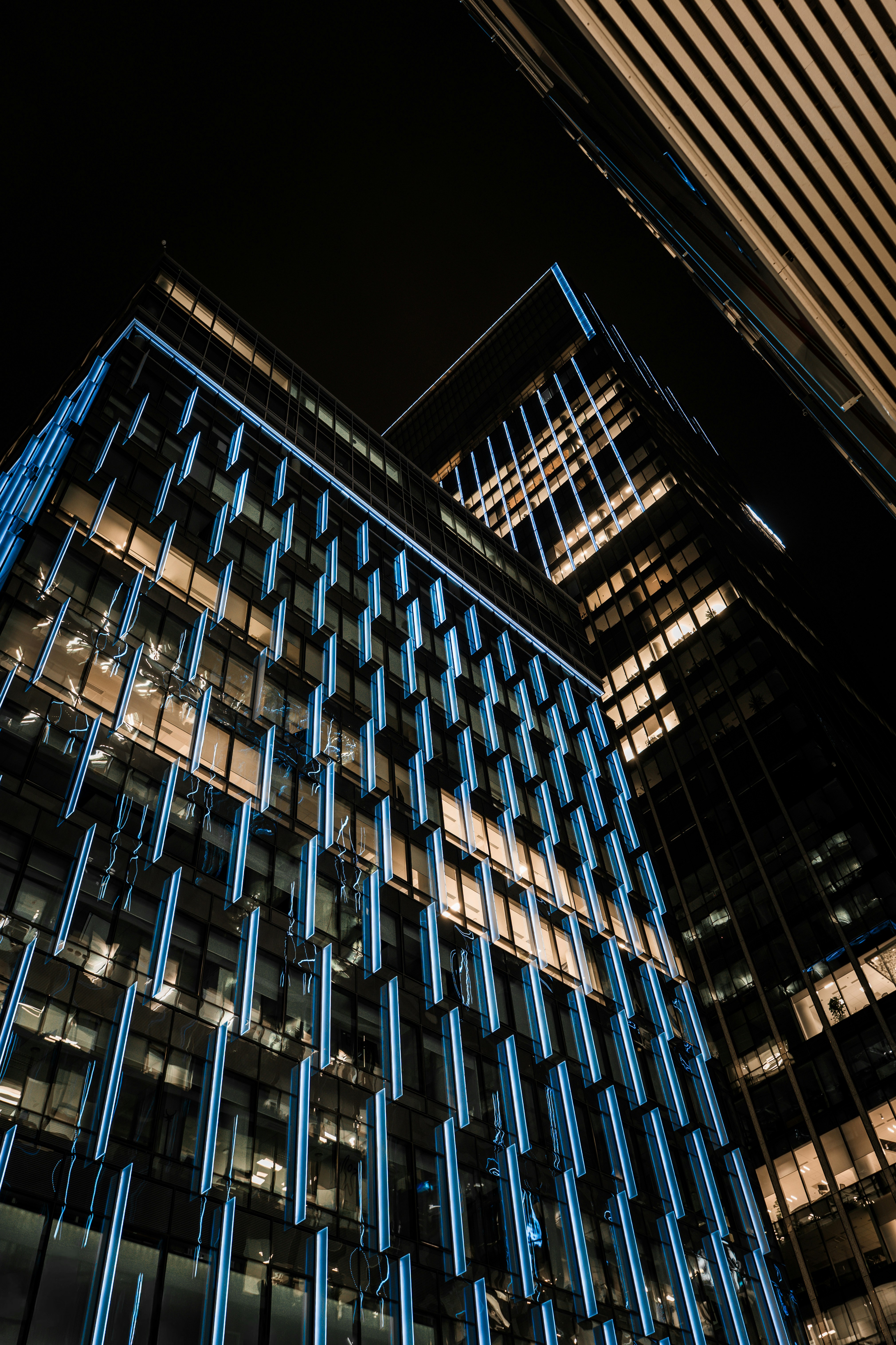 Modern skyscrapers illuminated with blue lights at night.