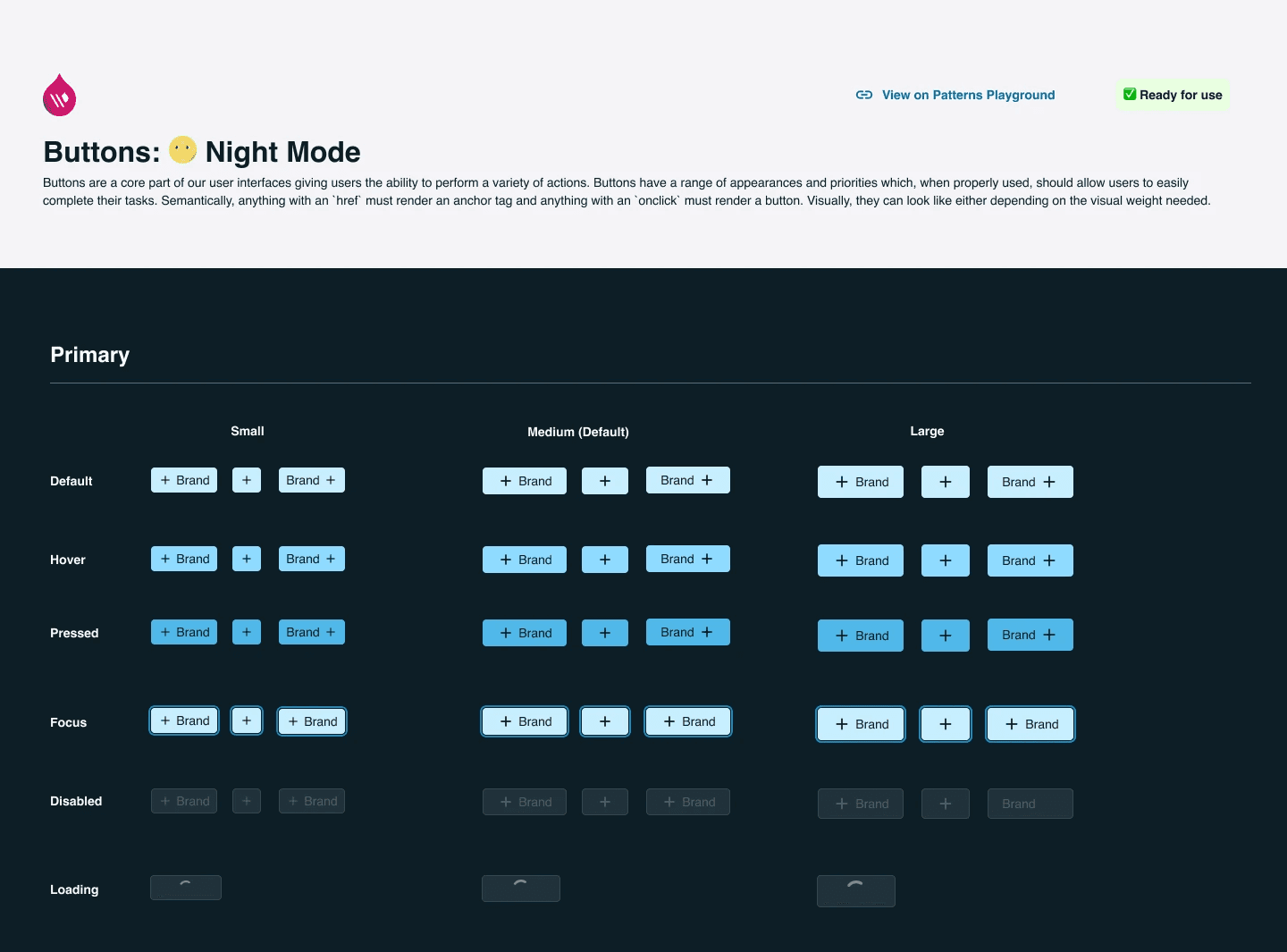 sample of button component variants that use new colour variables in dark mode