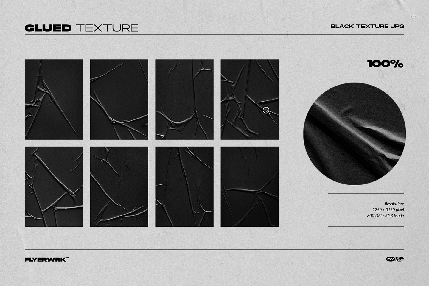 Black glued poster textures collection with wrinkled paper folds and ripped poster edges