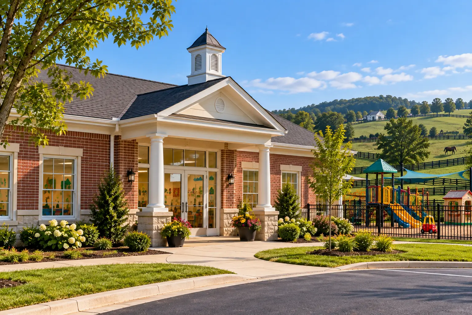 a child care center with a playground and hills in the background