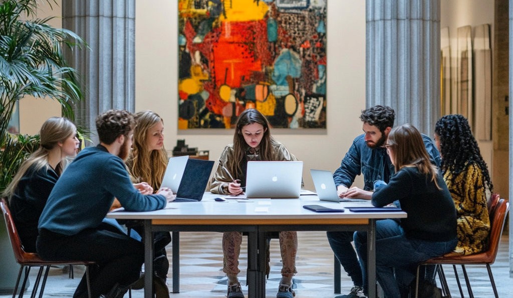 A group of people with laptop computers around a table in a museum